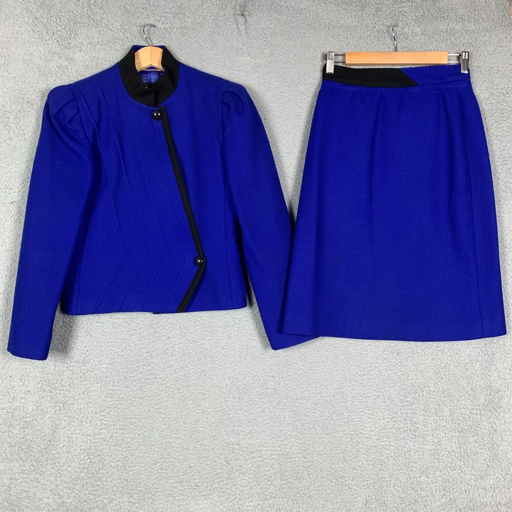 Vintage 80s Louis Féraud Skirt Set Size 6 Cobalt Blue Wool Business Work 2-Piece